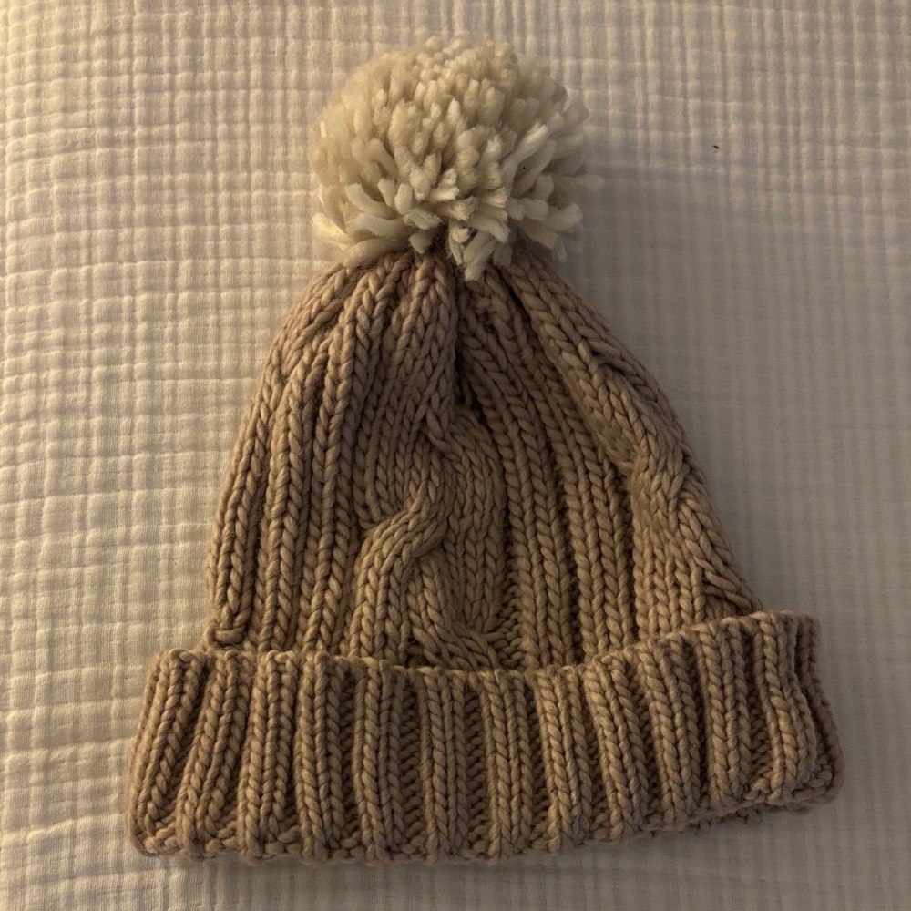 REI Tan Knit Beanie with Cream Pom-Pom